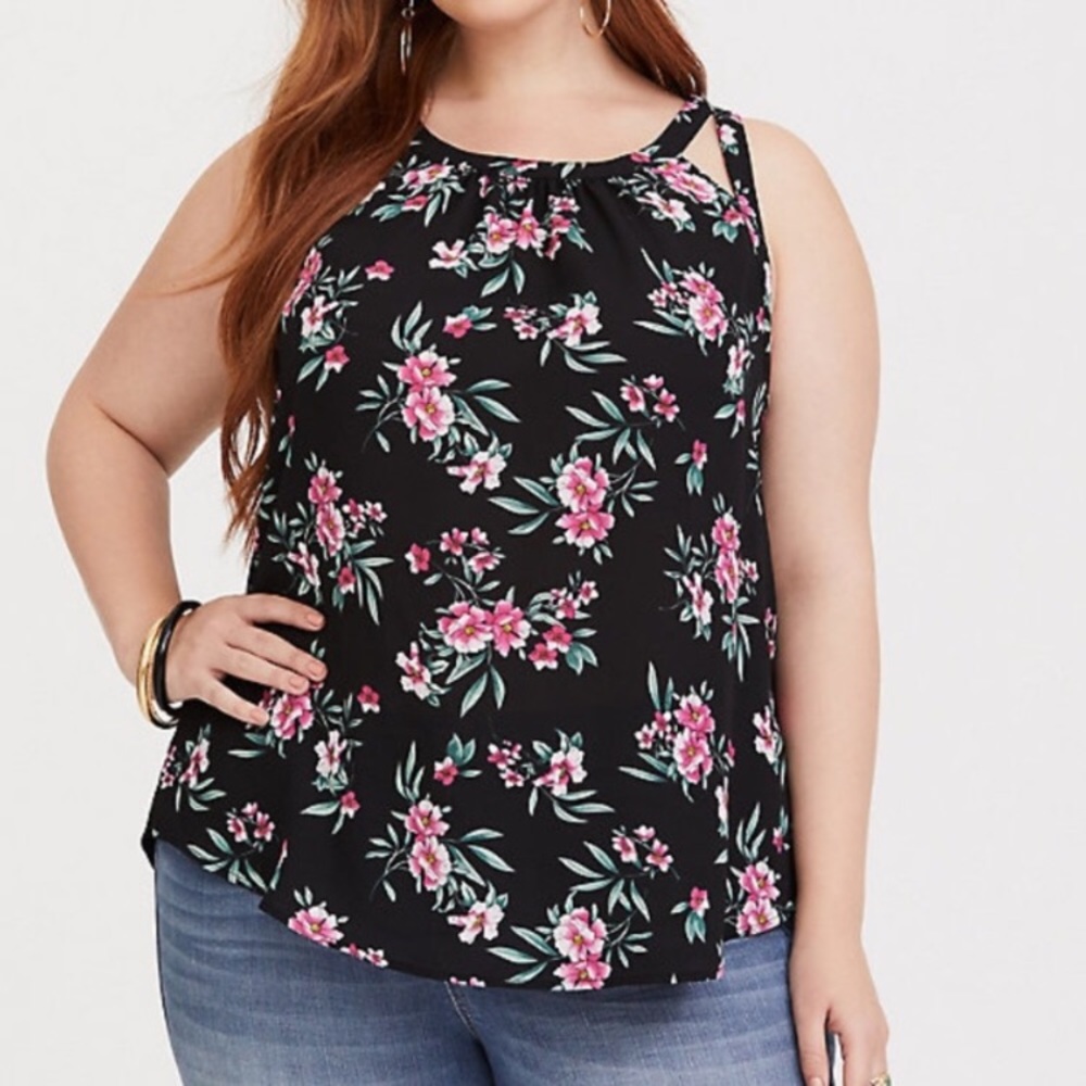 Torrid floral tank cut out straps pink black pink